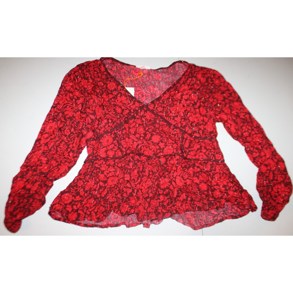 Knox Rose Womens Boho Long Sleeve Floral Pleated Blouse Top M Red Peasant V-Neck